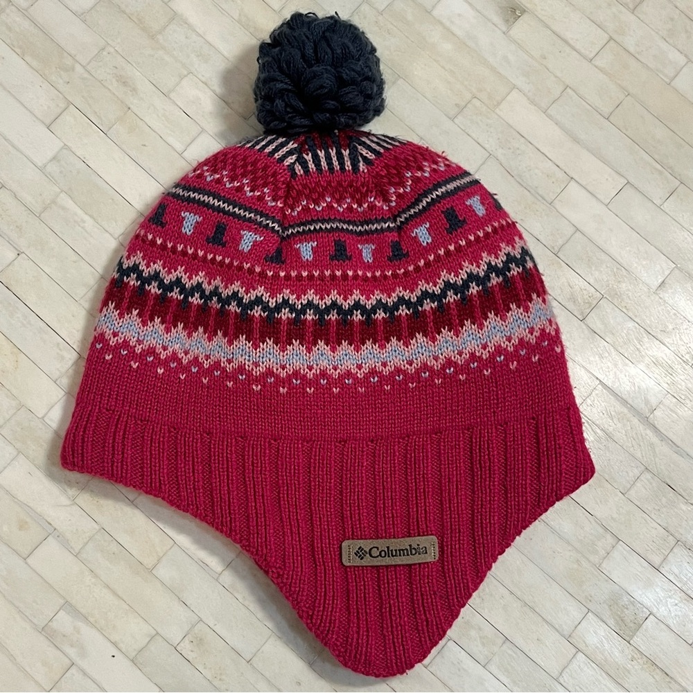 Columbia Kids' Pink Knit Pom-Pom Hat with Ear Flaps